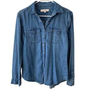 LOFT Chambray Blue Denim Linen Blend Button Down Shirt Size XS Western